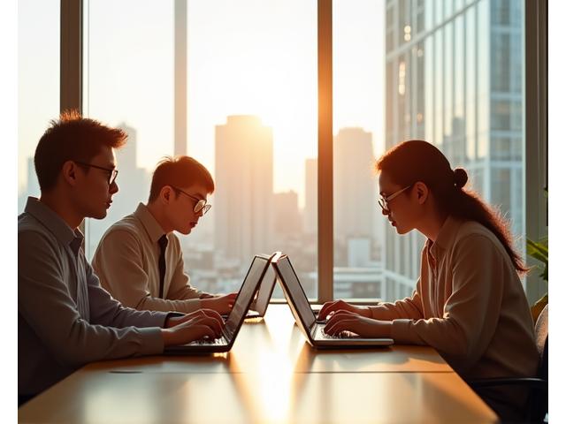 활기찬 대전 지역 소기업 사무실 풍경, 직원들이 협업하며 미소 짓고 있다.